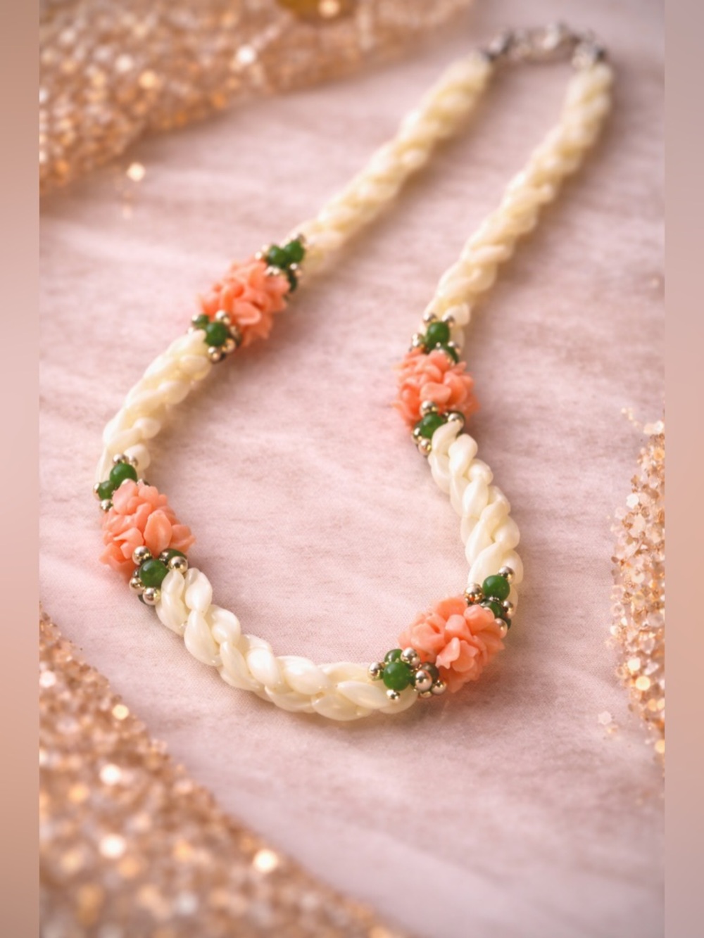 Vintage 1970s Carved Coral Flower & Mother of Pearl Necklace • Green Jade Beads
